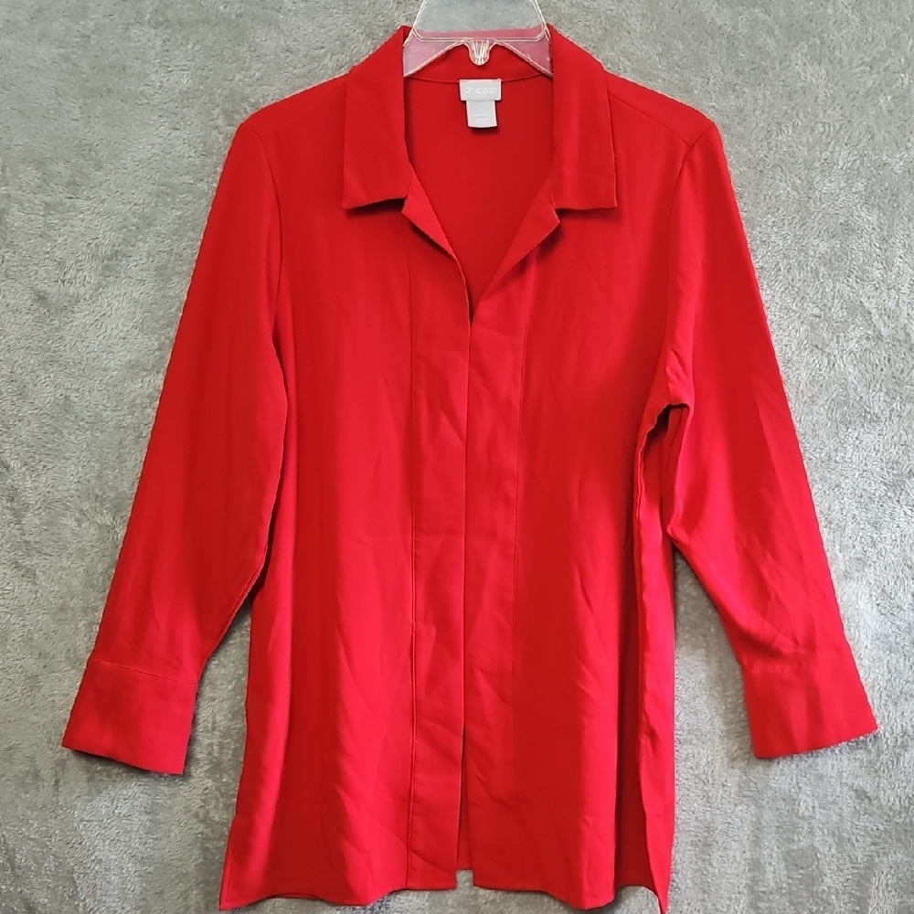Chico's Sz Med Vibrant Red Pullover Tunic Blouse Long Sleeve